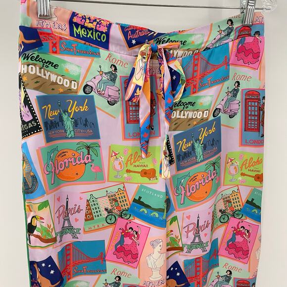 Anthropologie Karen Maben M Short Sleeve Postcard Pajama Set Satin Lounge - Picture 12 of 16